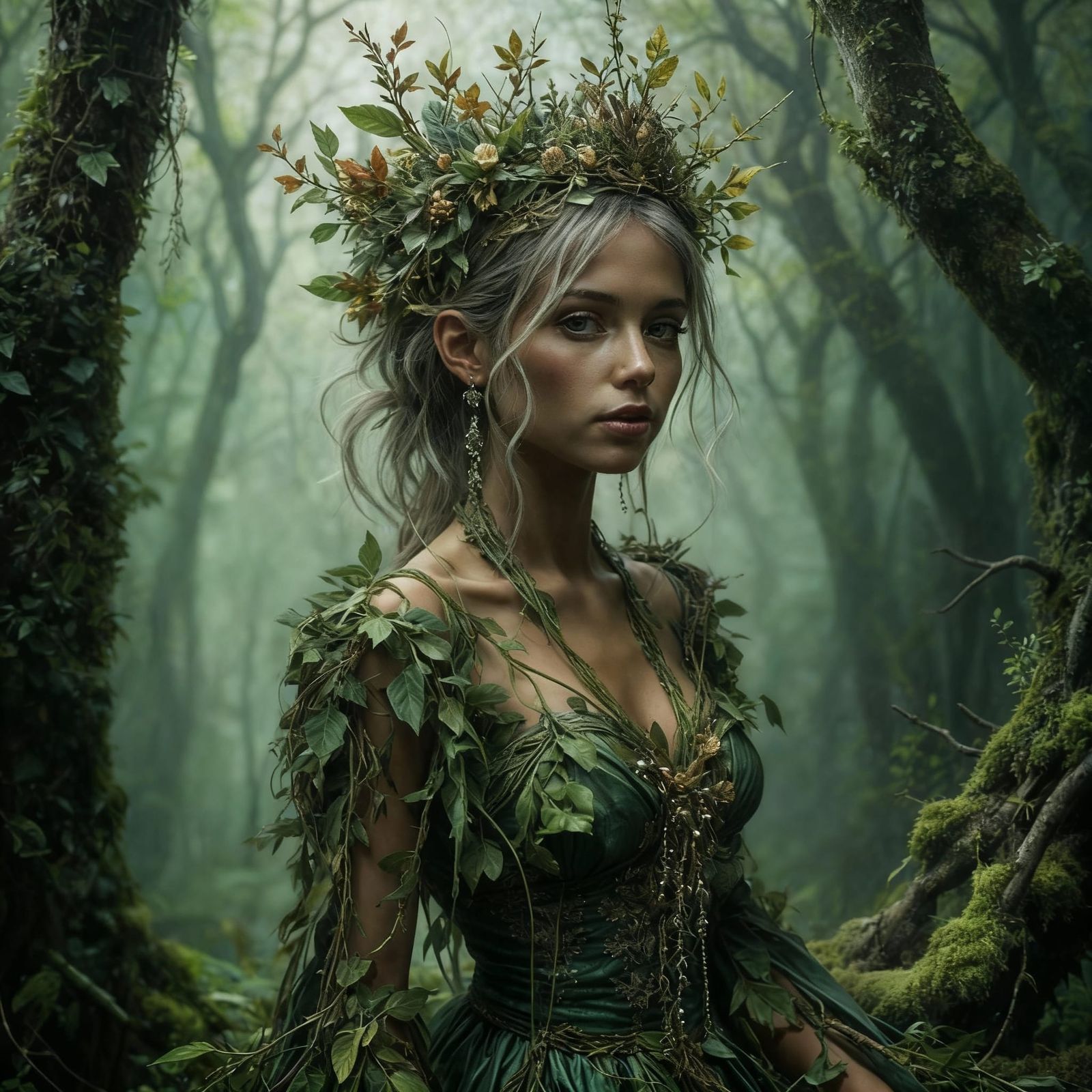 Majestic Forest Queen with Leafy Tiara