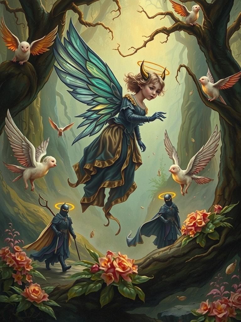 Ethereal Cherubs and Dark Marauders in Art Nouveau Style