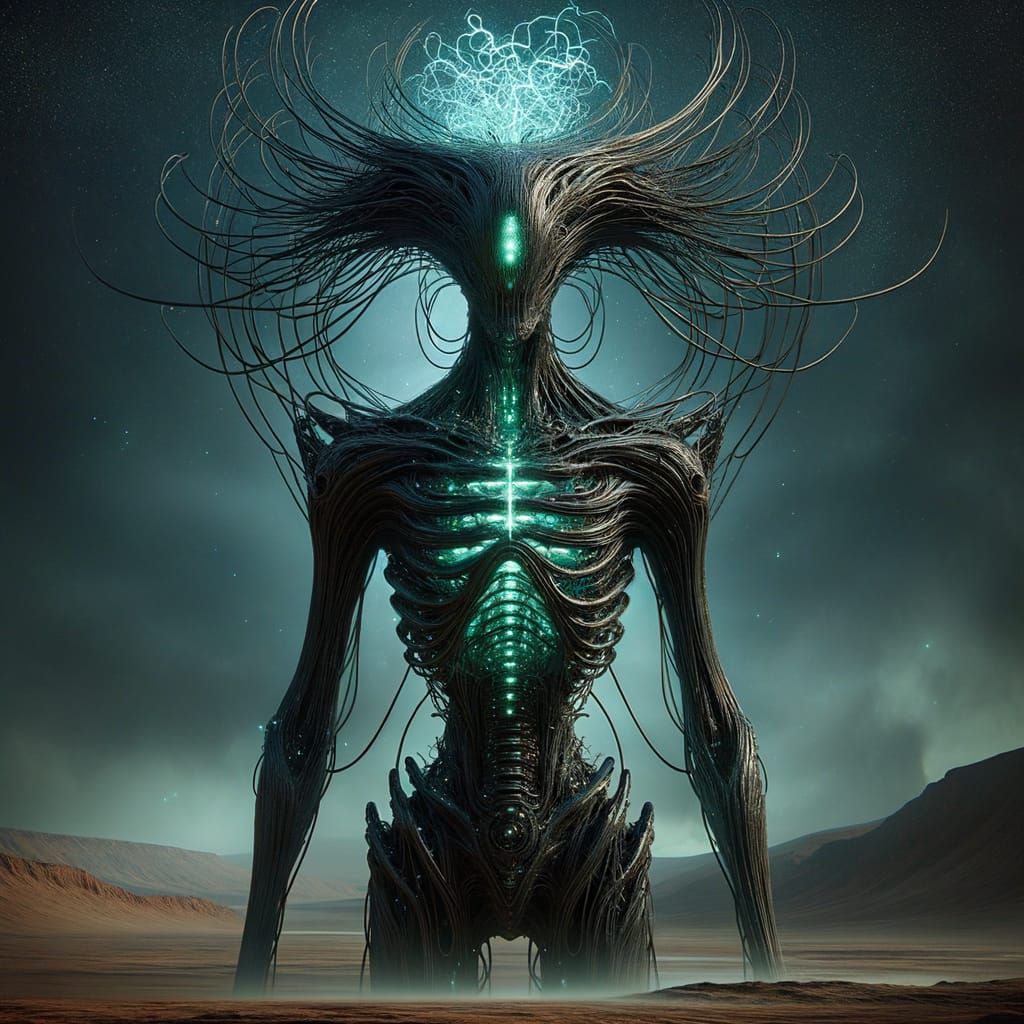 Towering Copper Alien with Bioluminescent Crown