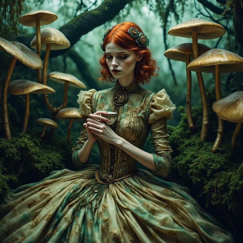 Steampunk Alice in Bioluminescent Garden