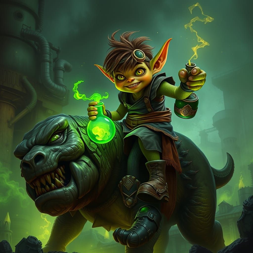 Goblin Alchemist Rides Ogre in Wasteland