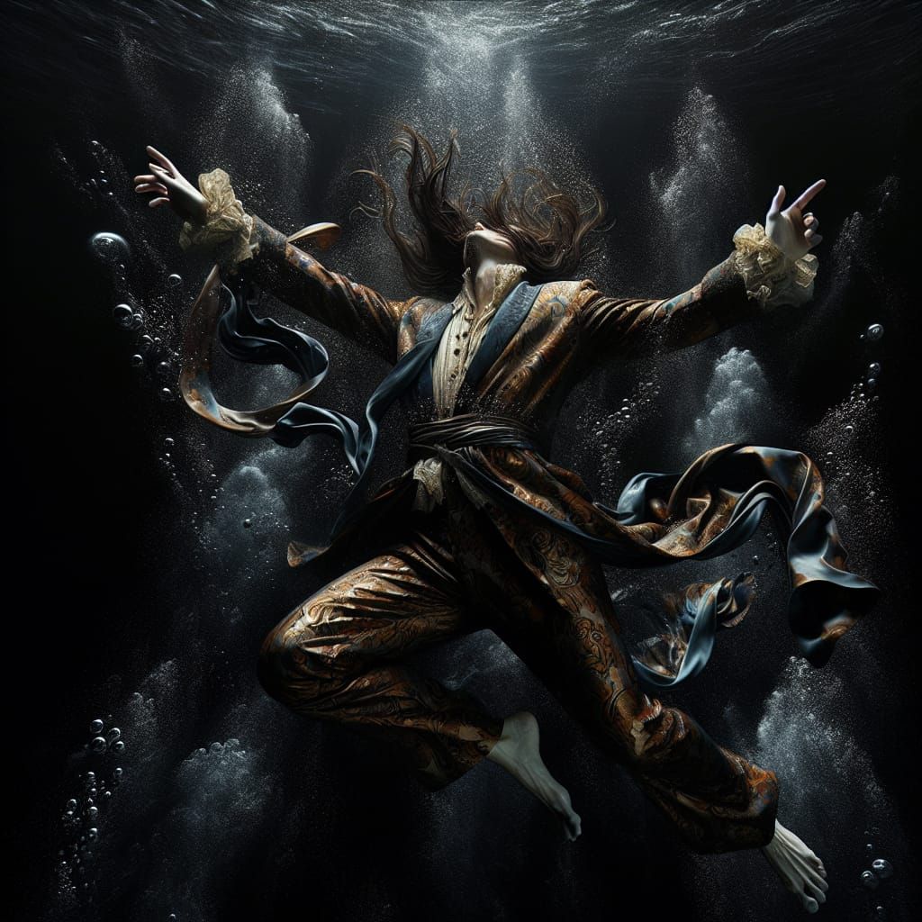Man Sinks Underwater in Chiaroscuro-Inspired Scene