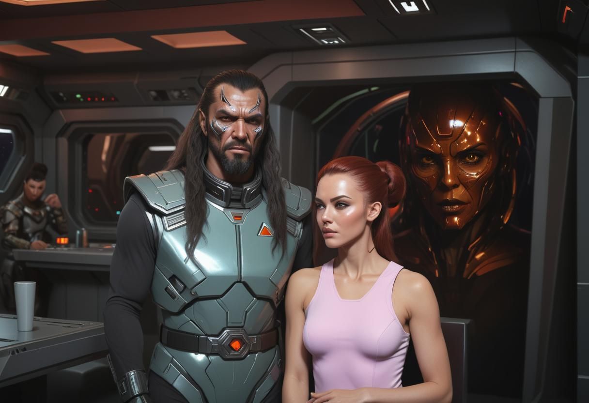 Klingon Warrior and Human Woman in Sci-Fi Lounge