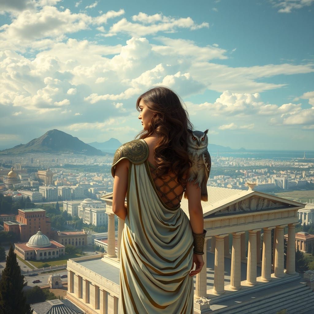 Wisdom Goddess Surveying Modern Athens from the Parthenon in...