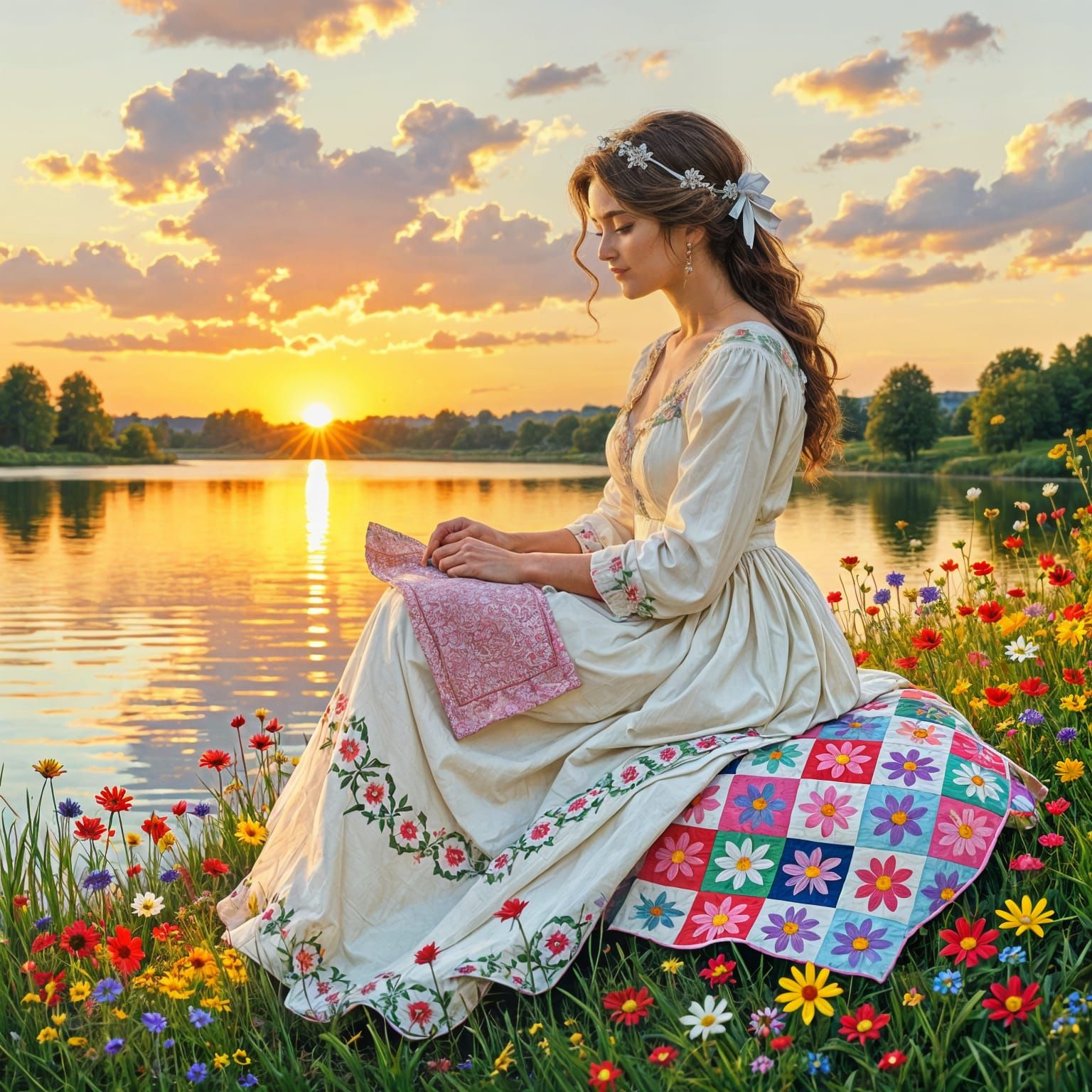 Maiden Quilting by a Lake