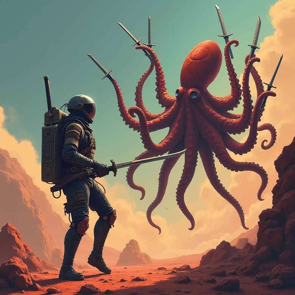 Cyberpunk Samurai Astronaut Battles Octopus on Mars