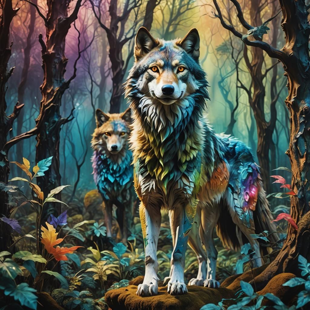 Surreal Animal-Hybrid Wolf in Mystical Forest
