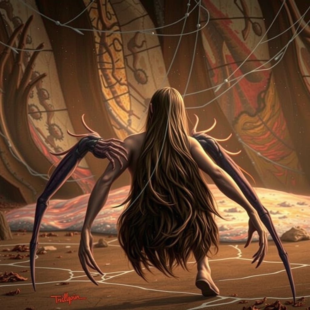 Surreal, Dark Brown Haired Woman with Arachnid Gait