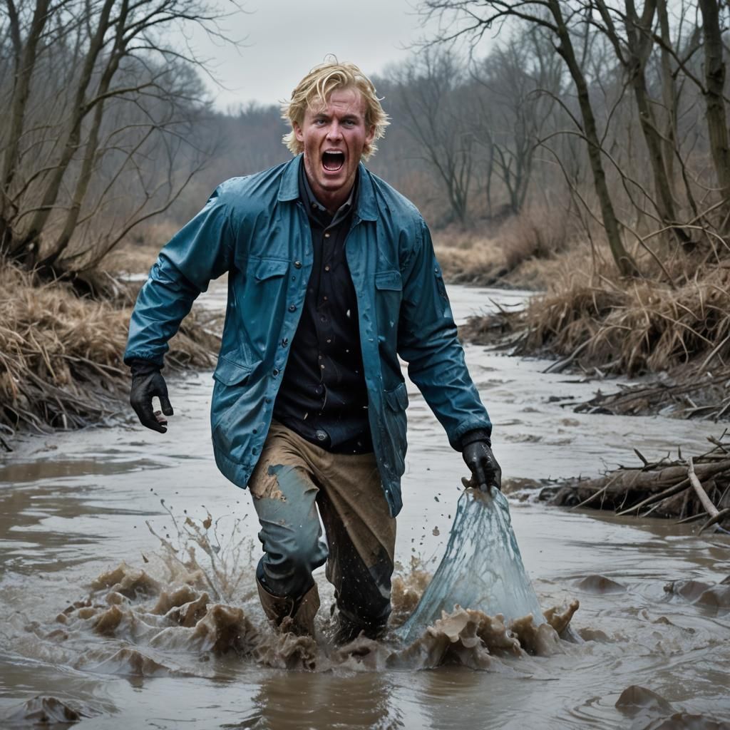 Man Emerges from Icy River: Dark Fantasy Art