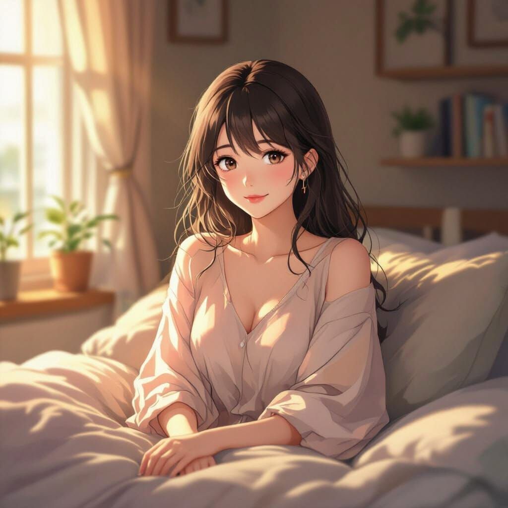 Anime Woman in Bedroom with Soft Lighting