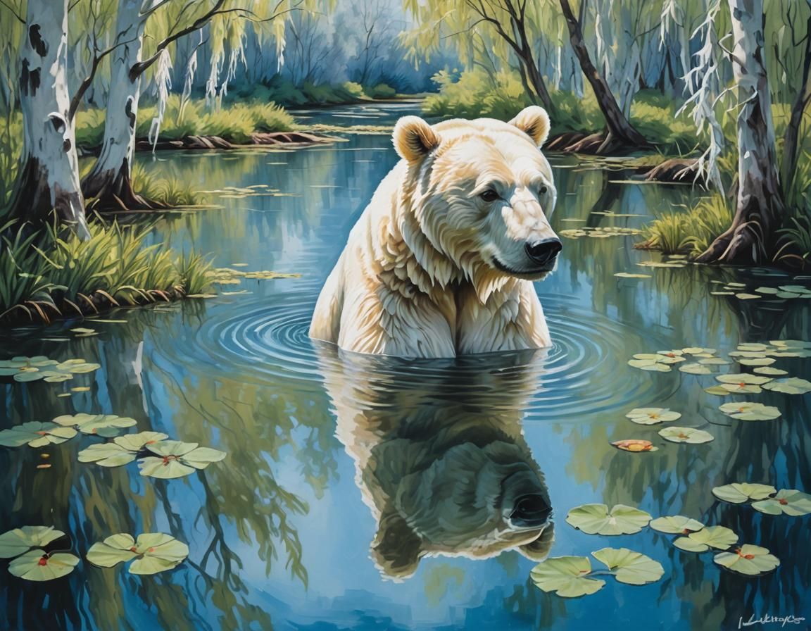 Hyperrealistic Polar Bear Basks in Tranquil Pond Landscape