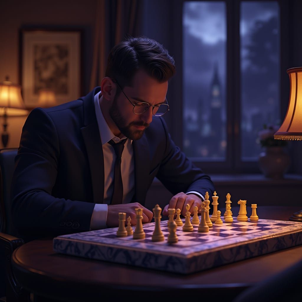 Chess Master in Mystical Home Office, Art Nouveau Style