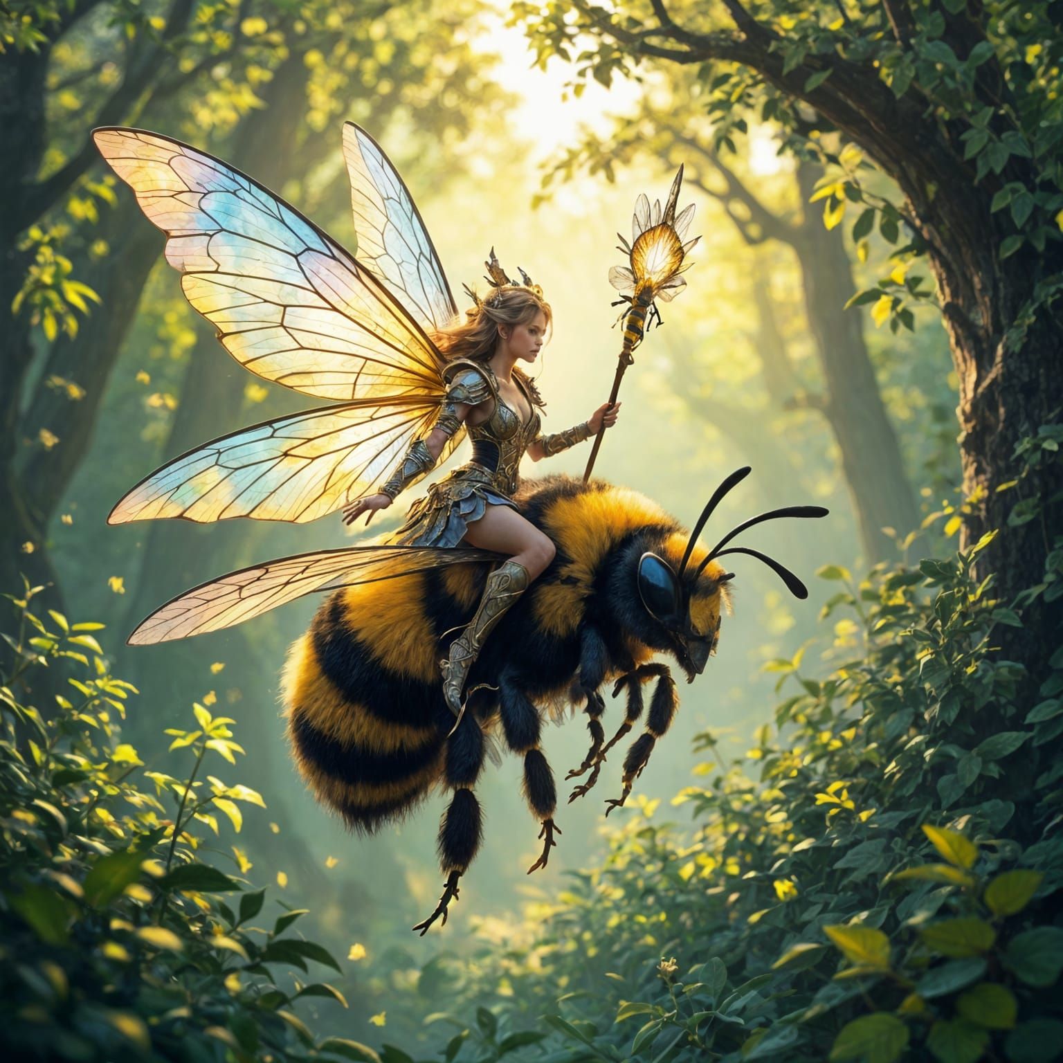 Fairy Riding Giant Bee in Sun-Dappled Forest