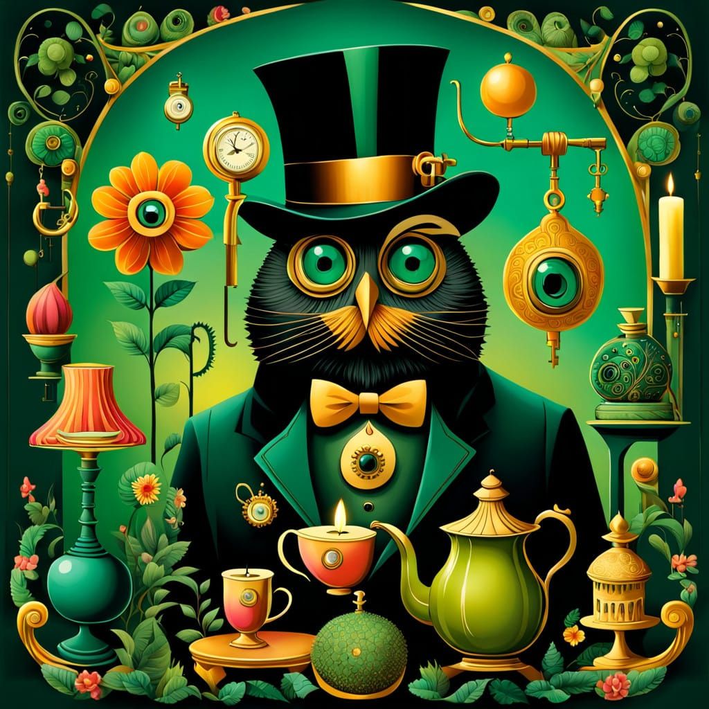 Whimsical Vintage Still Life in Green Hues and Gold Accents