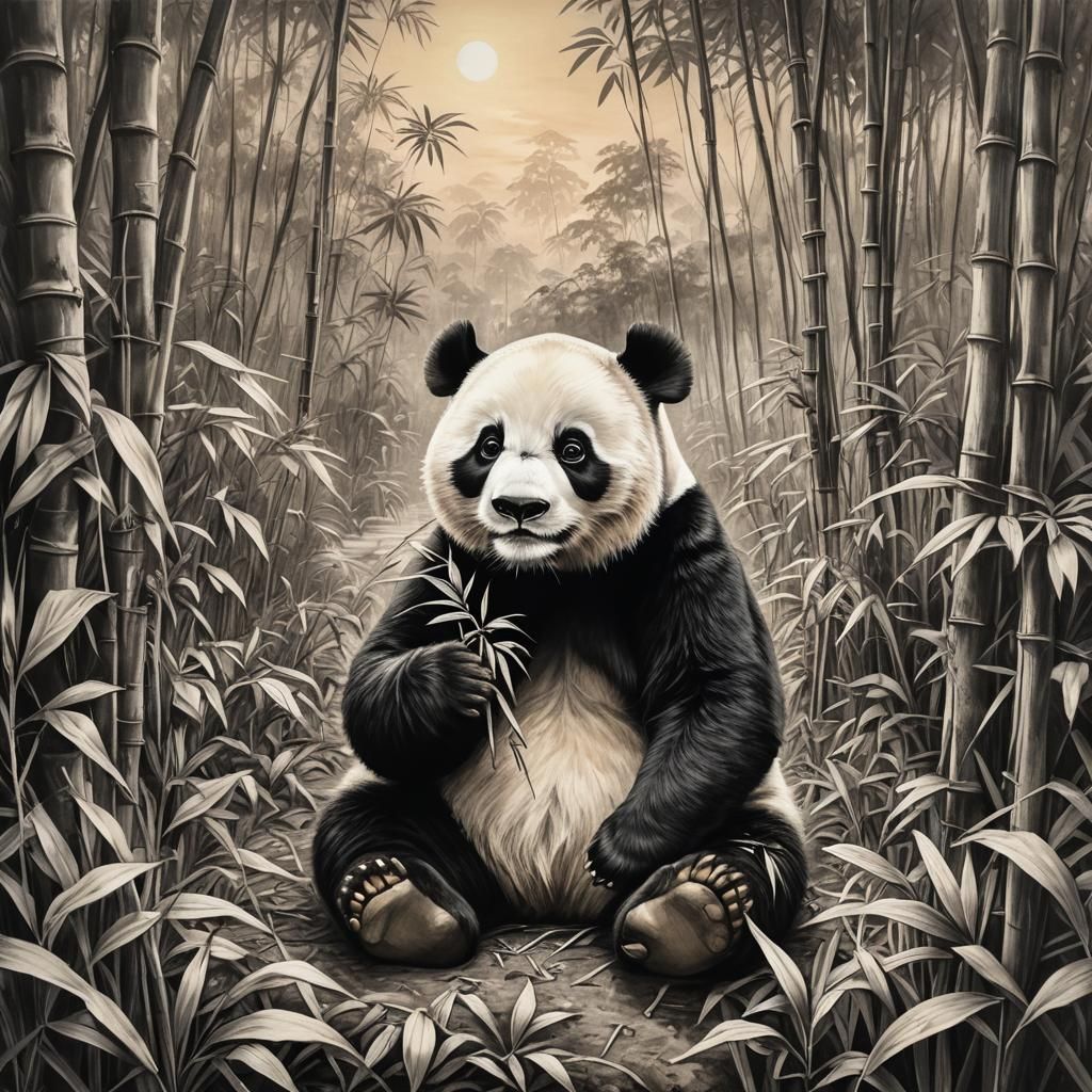 Happy Panda Enjoys Sunset Bamboo: Charcoal Drawing