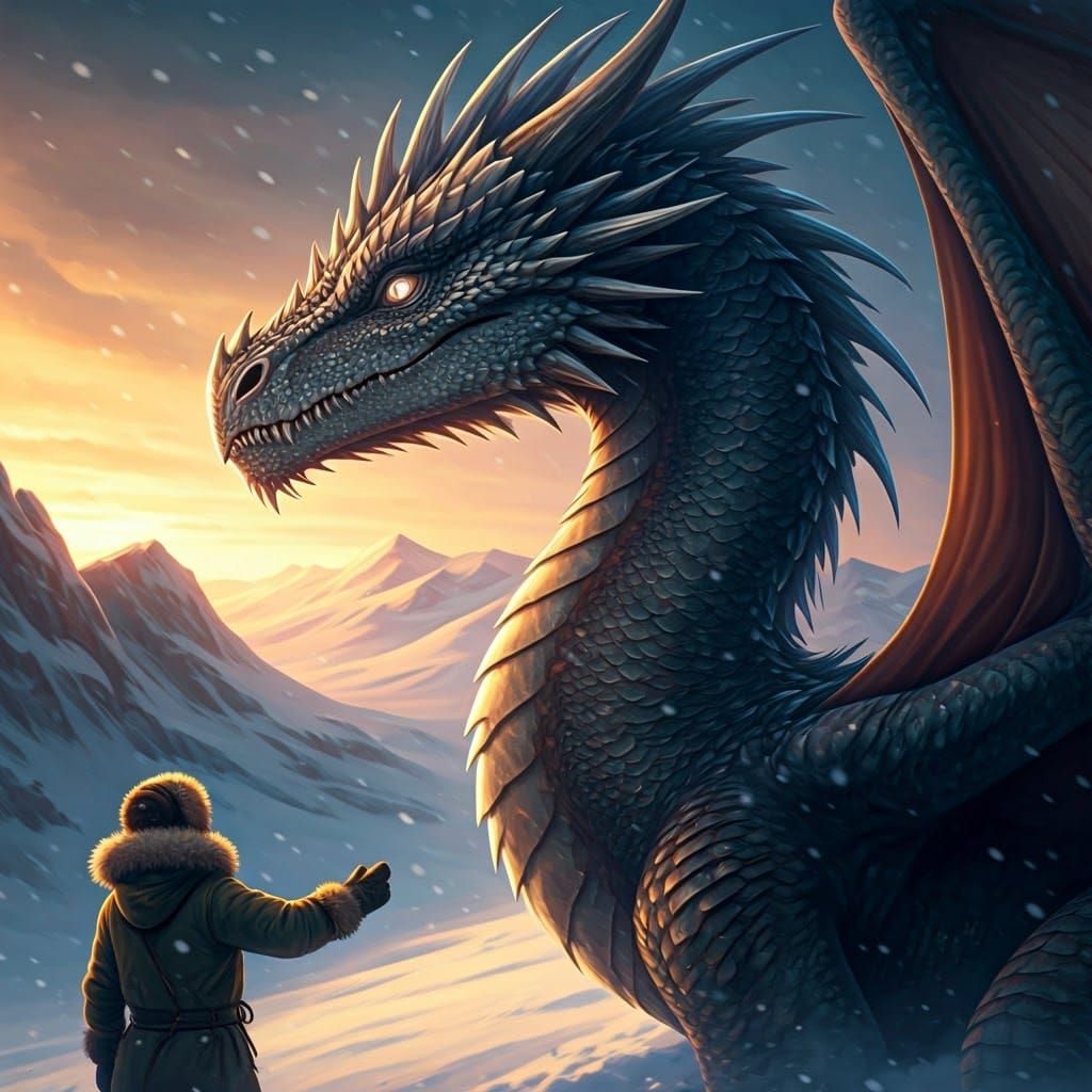 Dragon Protector in Snowstorm, Hyperrealistic Art