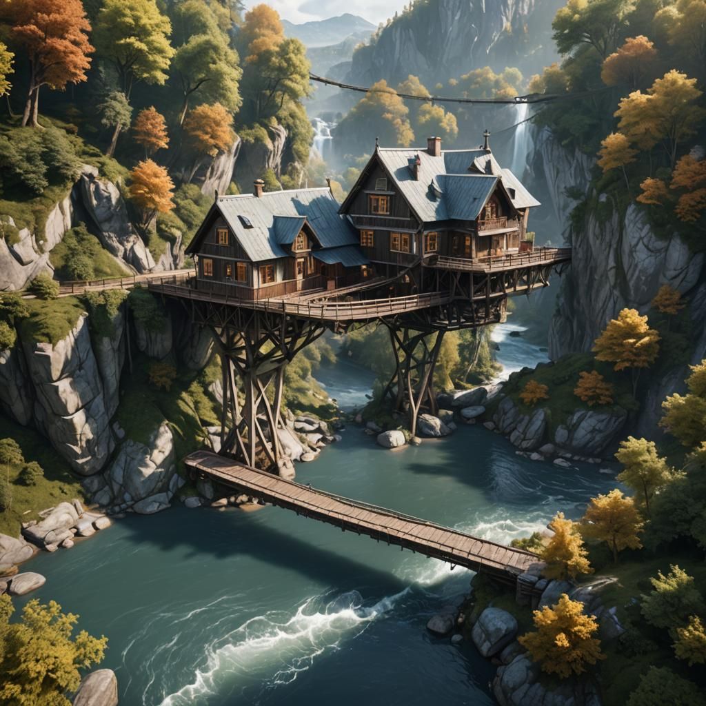 House on Bridge Over River: Detailed Matte Painting