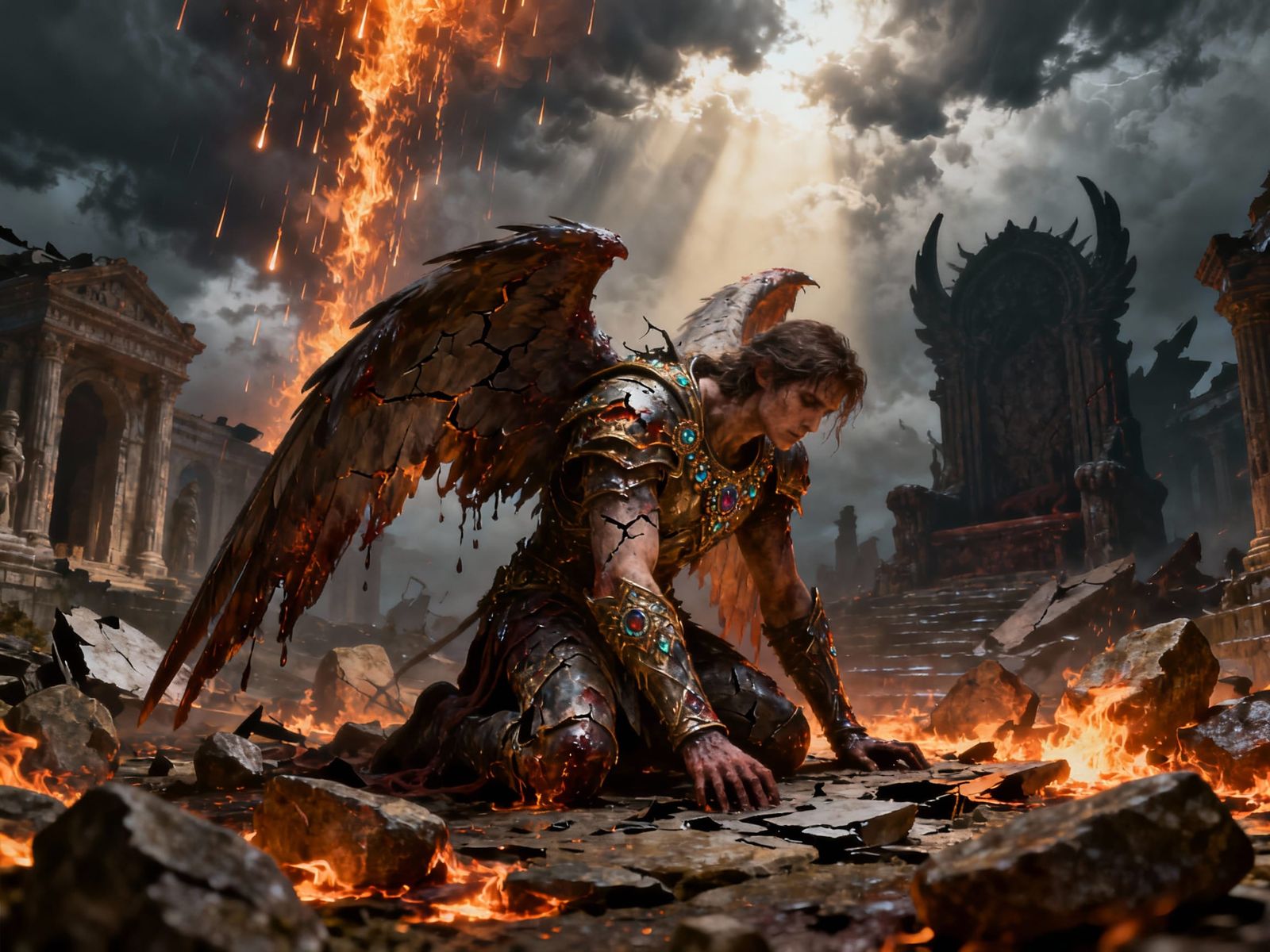 Fallen Angel Amidst Burning Stones with Divine Light