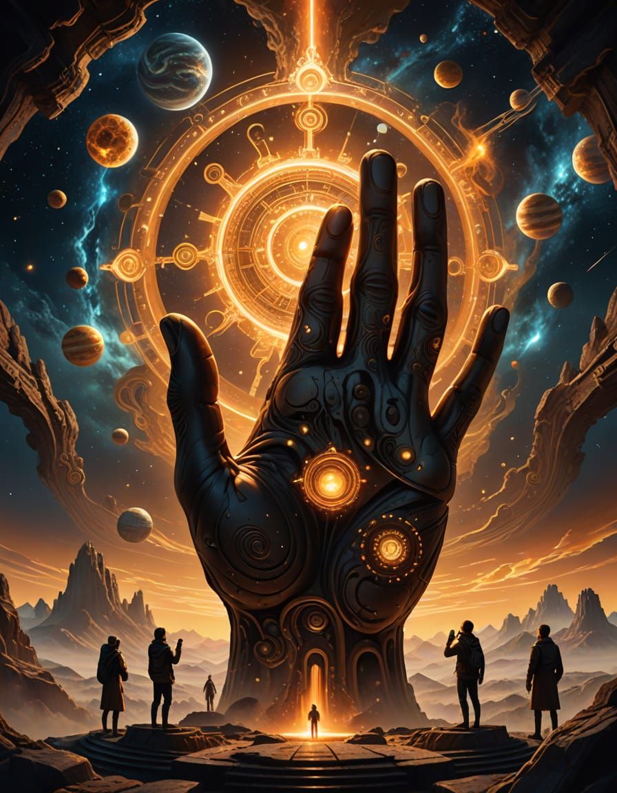 Colossal Hands Hold Luminous City in Surreal Cosmic Art