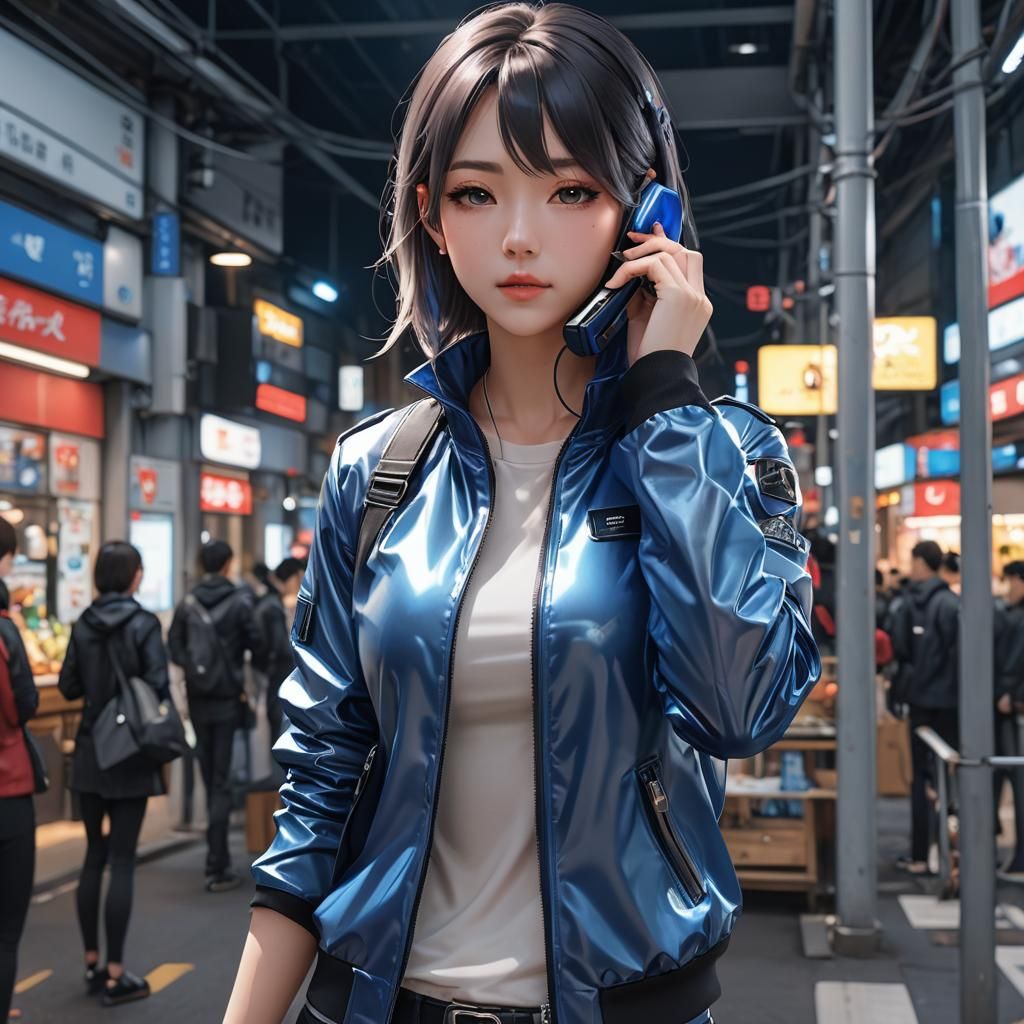 a girl with blue chrome tight jacket take a phonecall