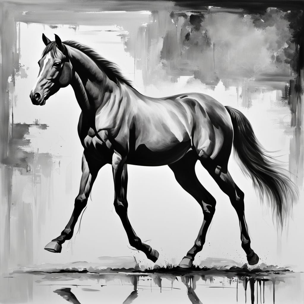 Yearling Horse in Black and White Oil Painting