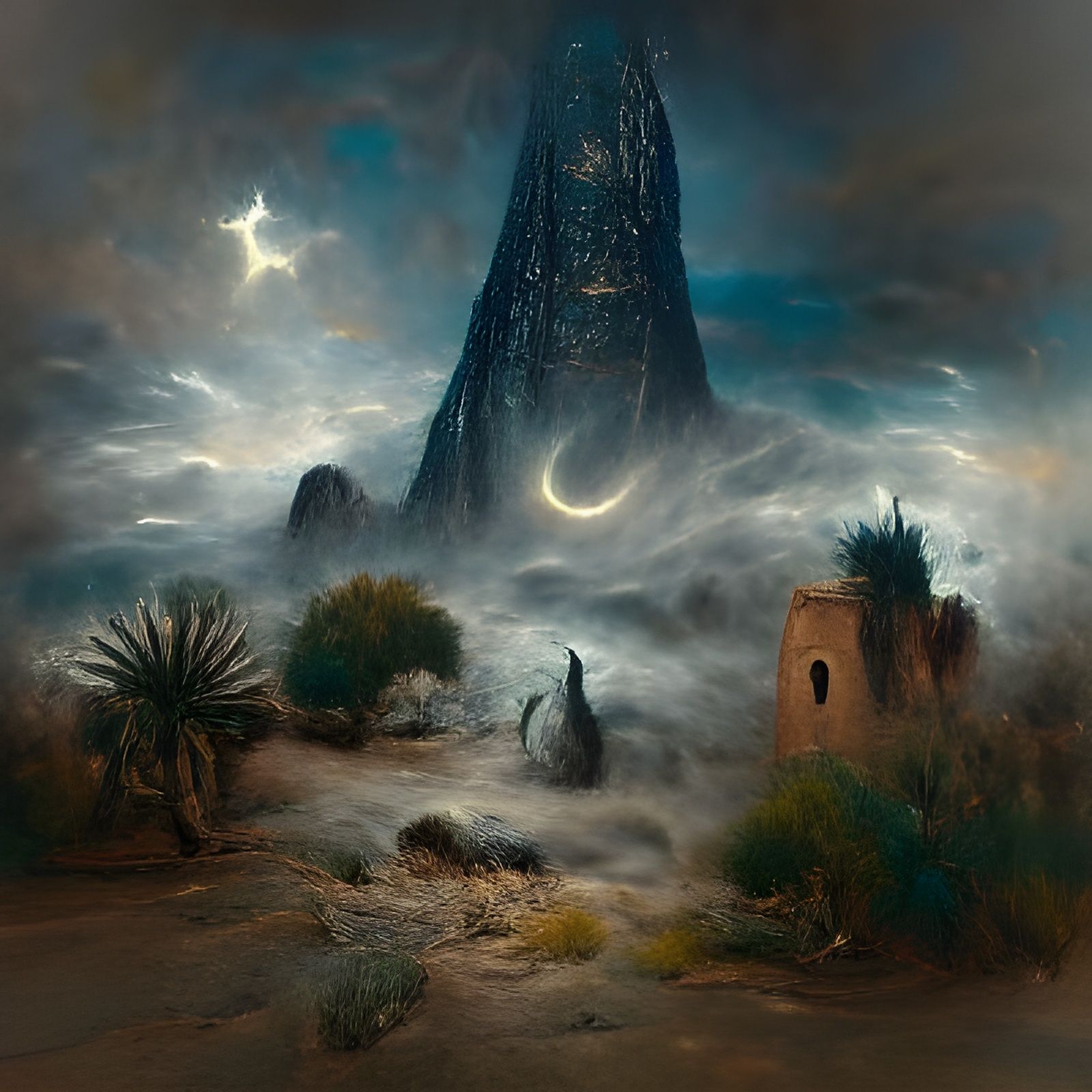 Black Tower in Desert Landscape, Ethereal Fantasy