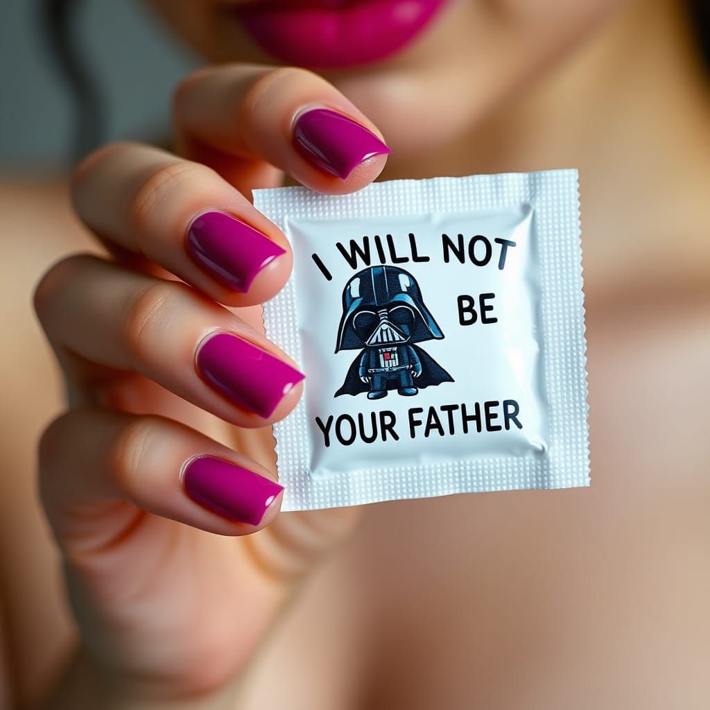 Close-up shot of a condom wrapper featuring a chibi Darth Vader illustration and the text "I WILL NOT BE YOUR FATHER,"  ...
