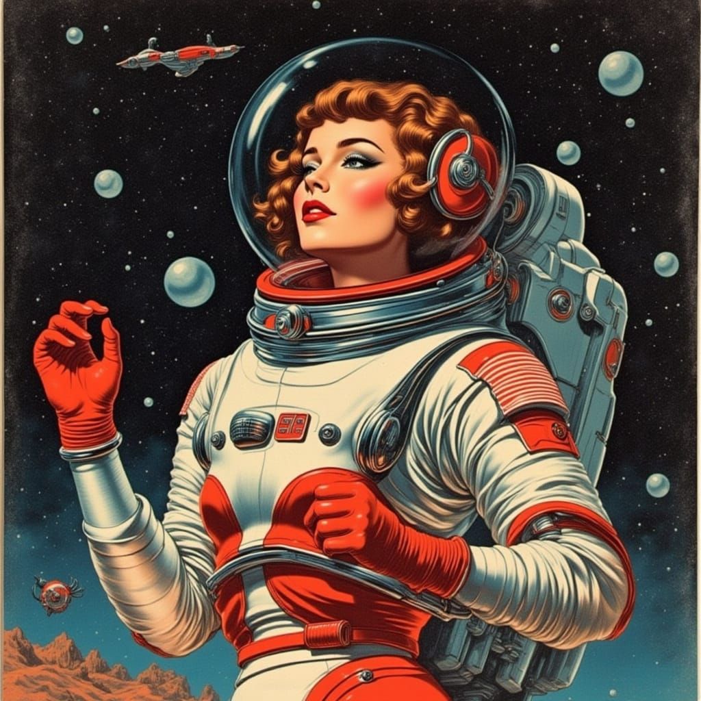 Glamorous Woman Astronaut in Retro-Futuristic Space