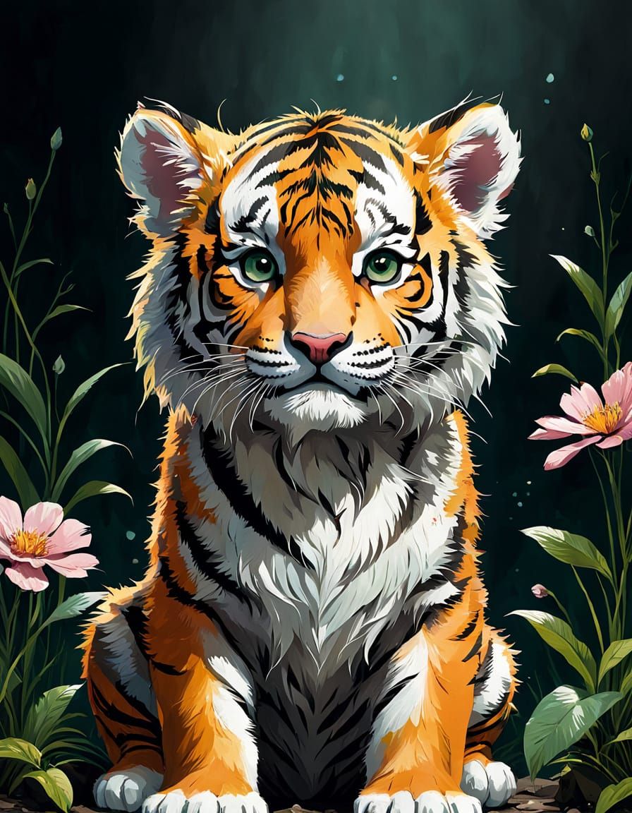 Whimsical Siberian Tiger in Floral Spring Attire, Digital Ar...