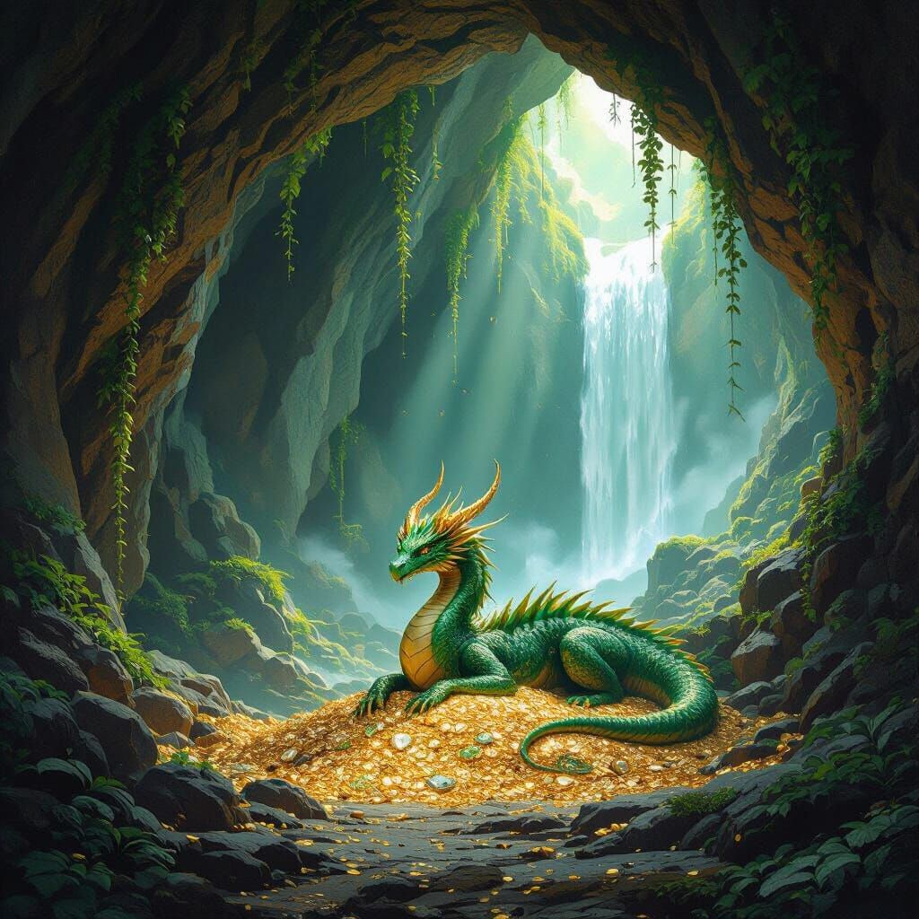 Majestic Emerald Dragon Guarding Gold in Ethereal Cave