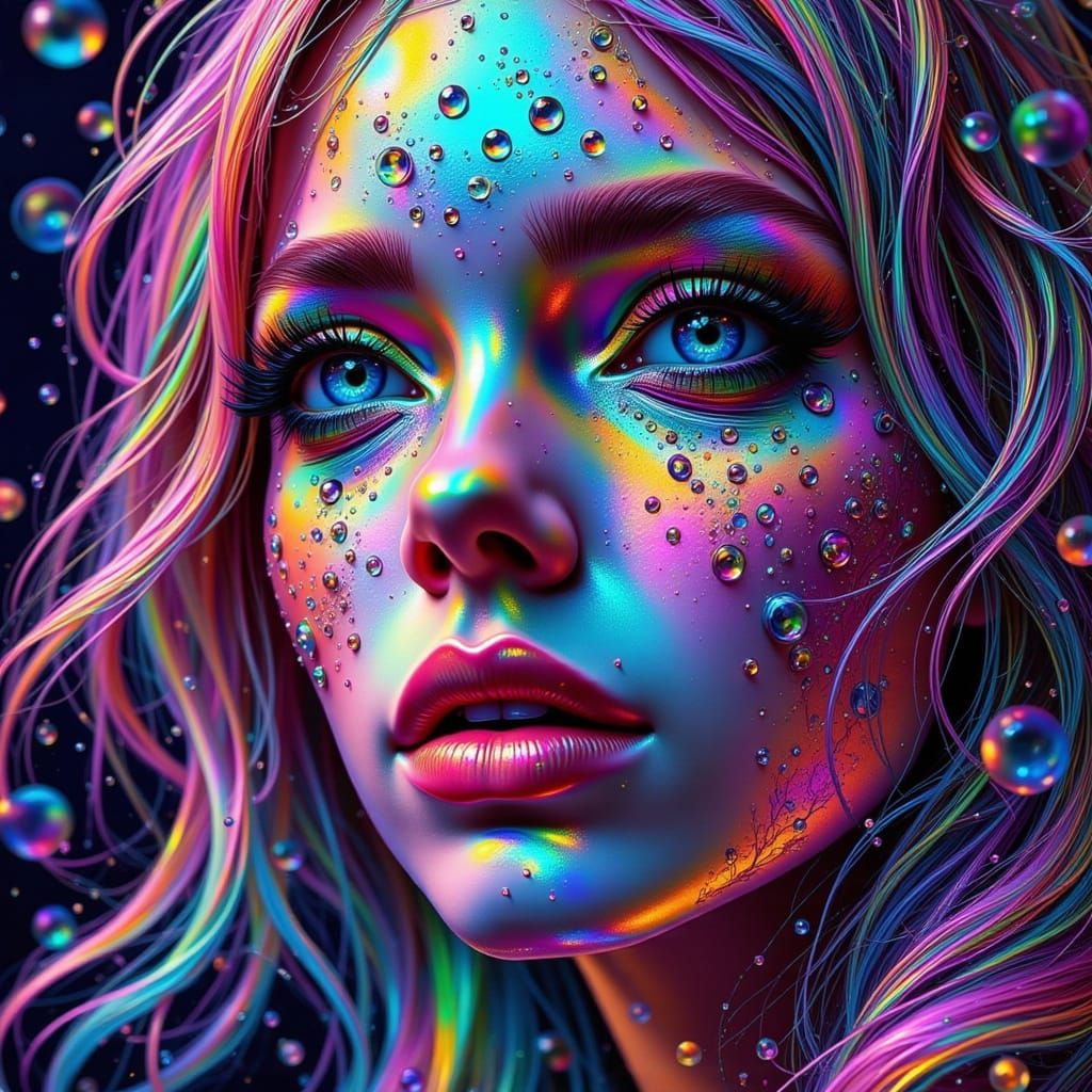 Futuristic Cyberpunk Fae with Iridescent Rainbow Metallic Hu...