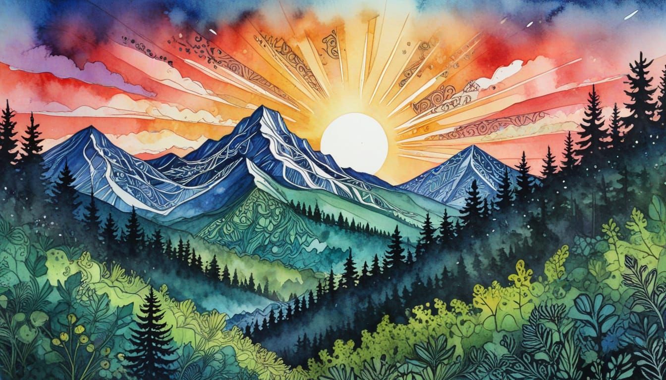 Abstract Mountain Landscape with Zentangle Sunrise