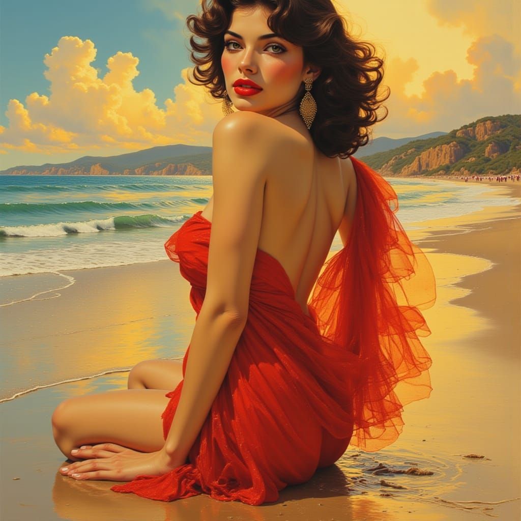 Ava Gardner on Beach in Flowing Red Dress