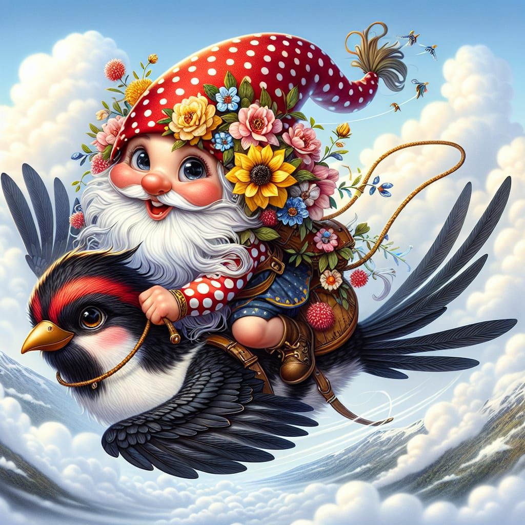 Playful Gnome Rides Striped Bird Through Mountain Skies