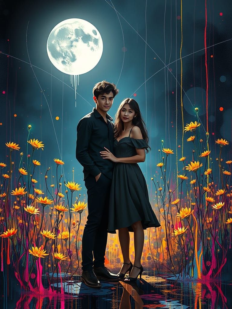 A young couple standing in moonlit field