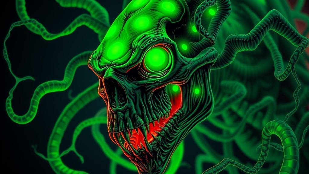 Gothic Horror Creature in Neon-Lit Scene