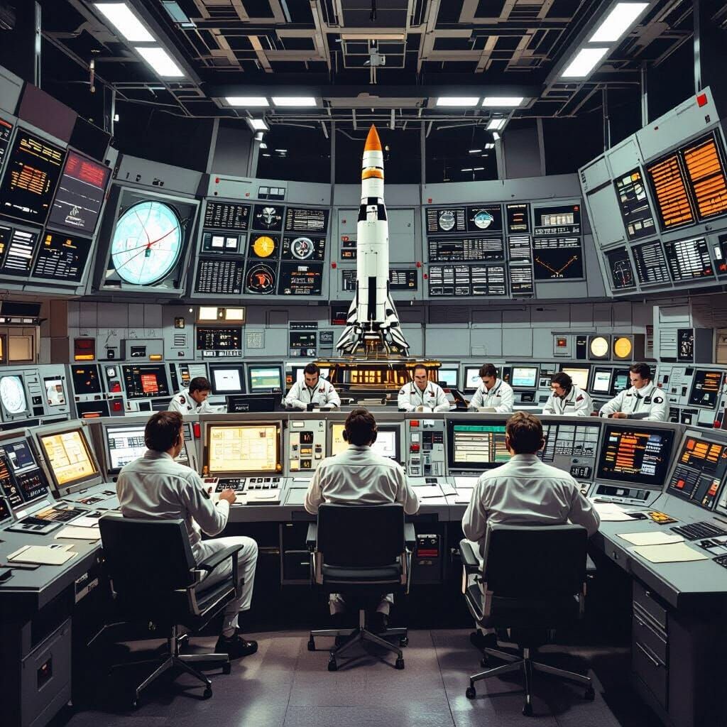 Apollo 13 Launch Control Centre in Retro-Futuristic Style