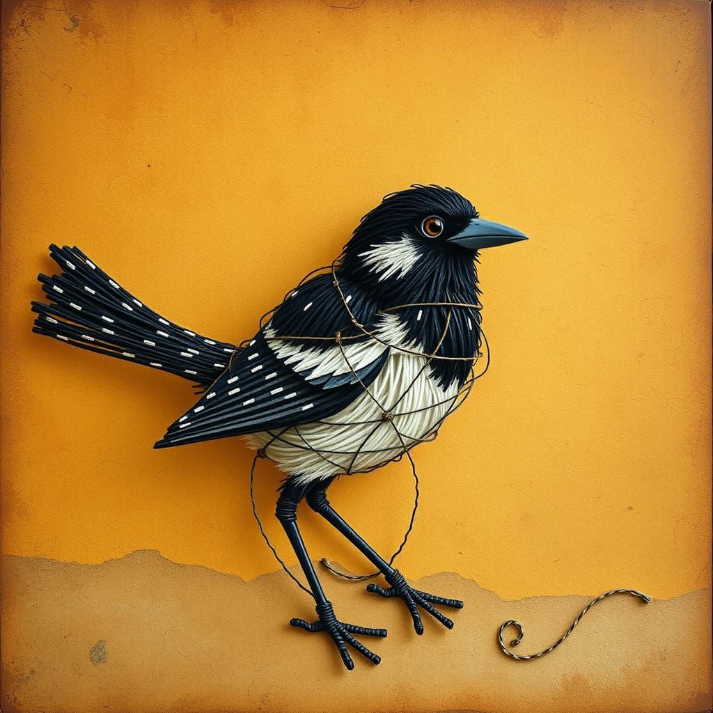 Whimsical String Magpie in Earthy Folk Art Style