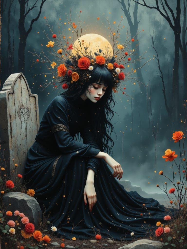 Gothic Woman by Gravestone in Grunge Style