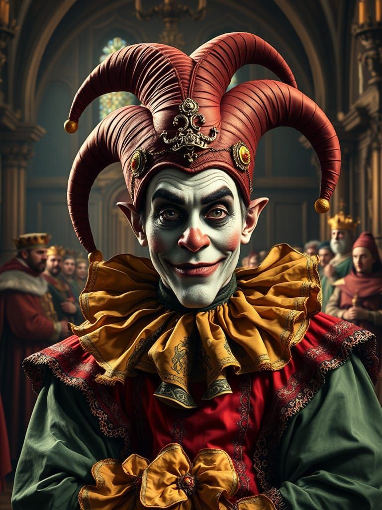 Renaissance Jester in Opulent Great Hall