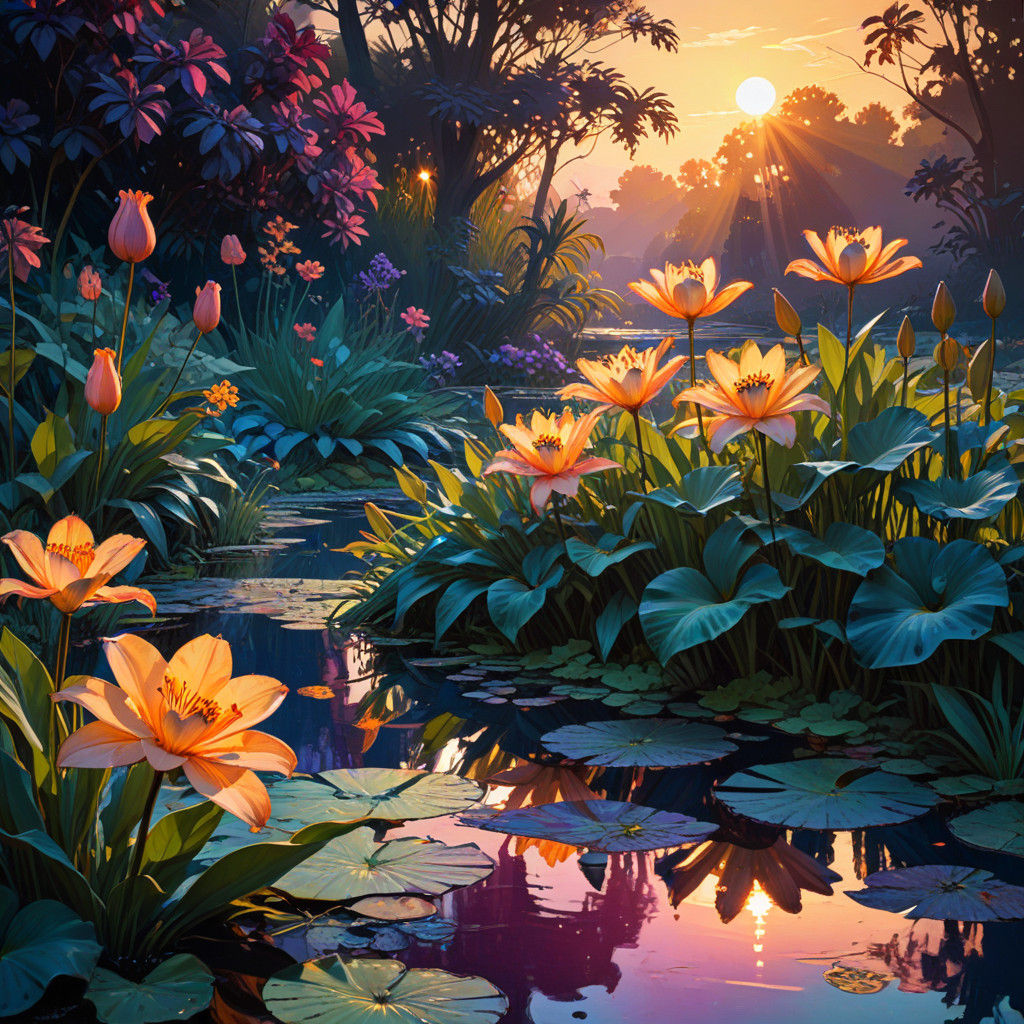 Vibrant Sunset Water Garden Scene in Plique-à-jour Style
