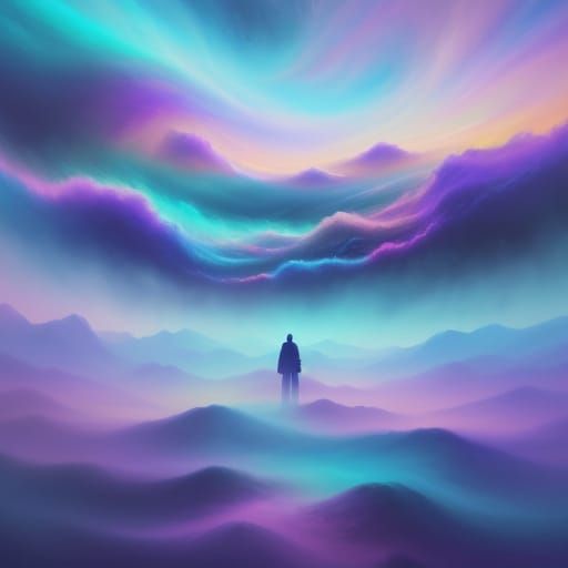 Surreal Person in Dreamlike Triadic Landscape