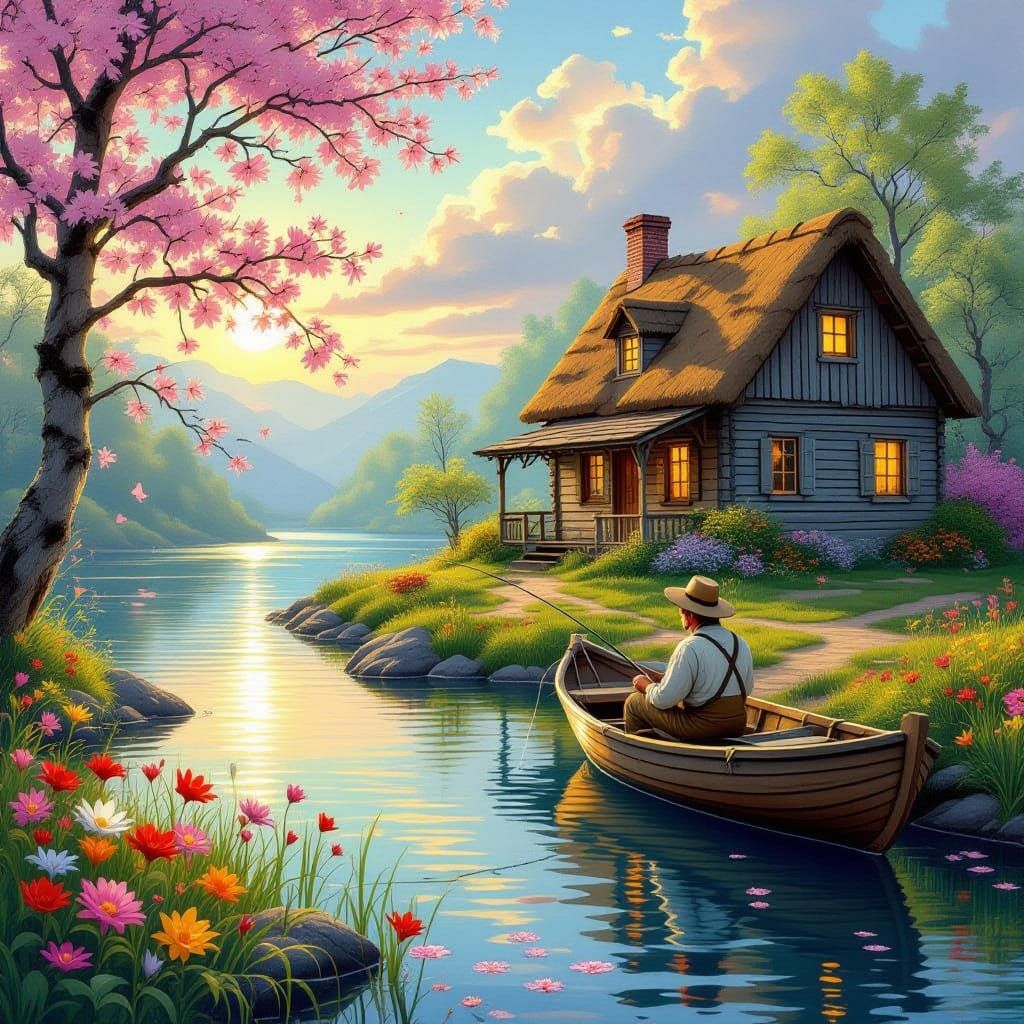 Serenely Captivating Fisherman Amidst Whimsical Spring Bloom