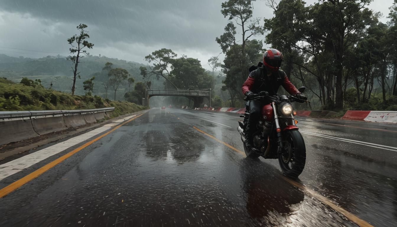 Biker in Storm on Motorcycle in Cinematic Style