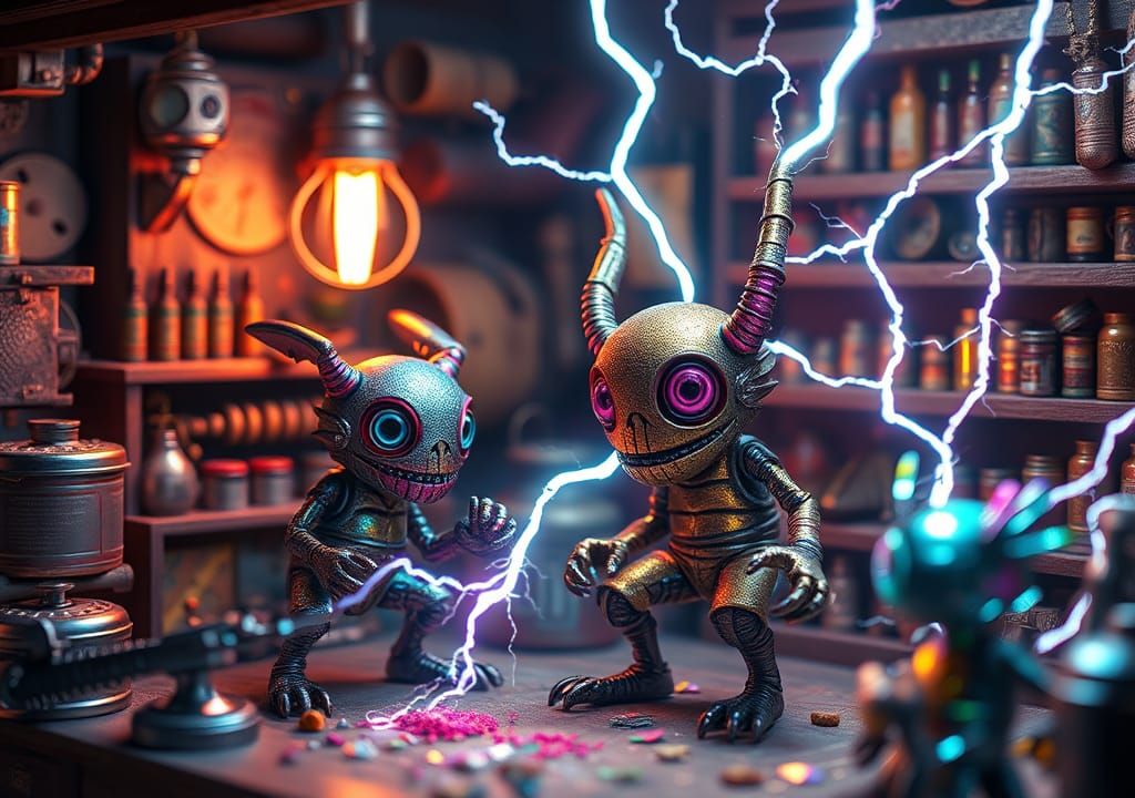 Retrofuturistic Iridescent Figure in a Vibrant Workshop