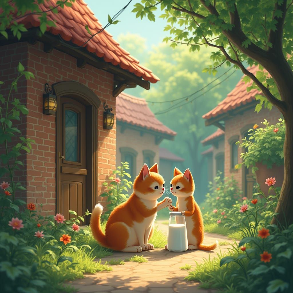 Mother Cat and Kitten in Ghibli-esque Neighborhood