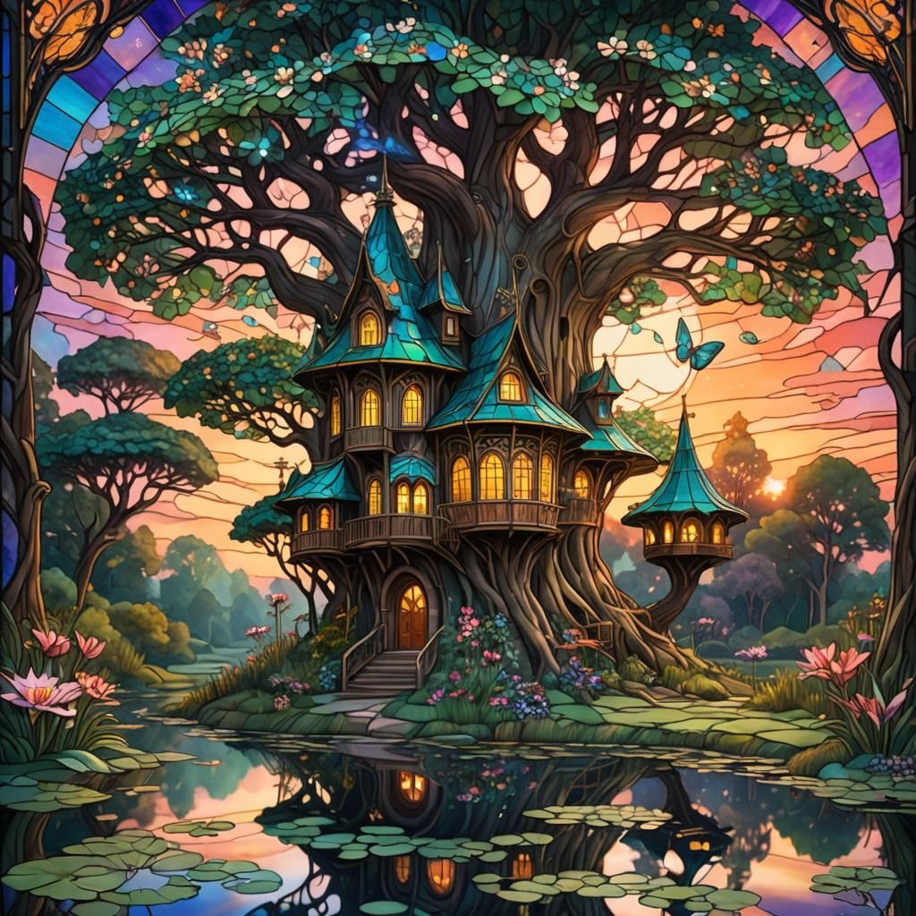 Art Nouveau Stained Glass Fairy Treehouse at Sunset