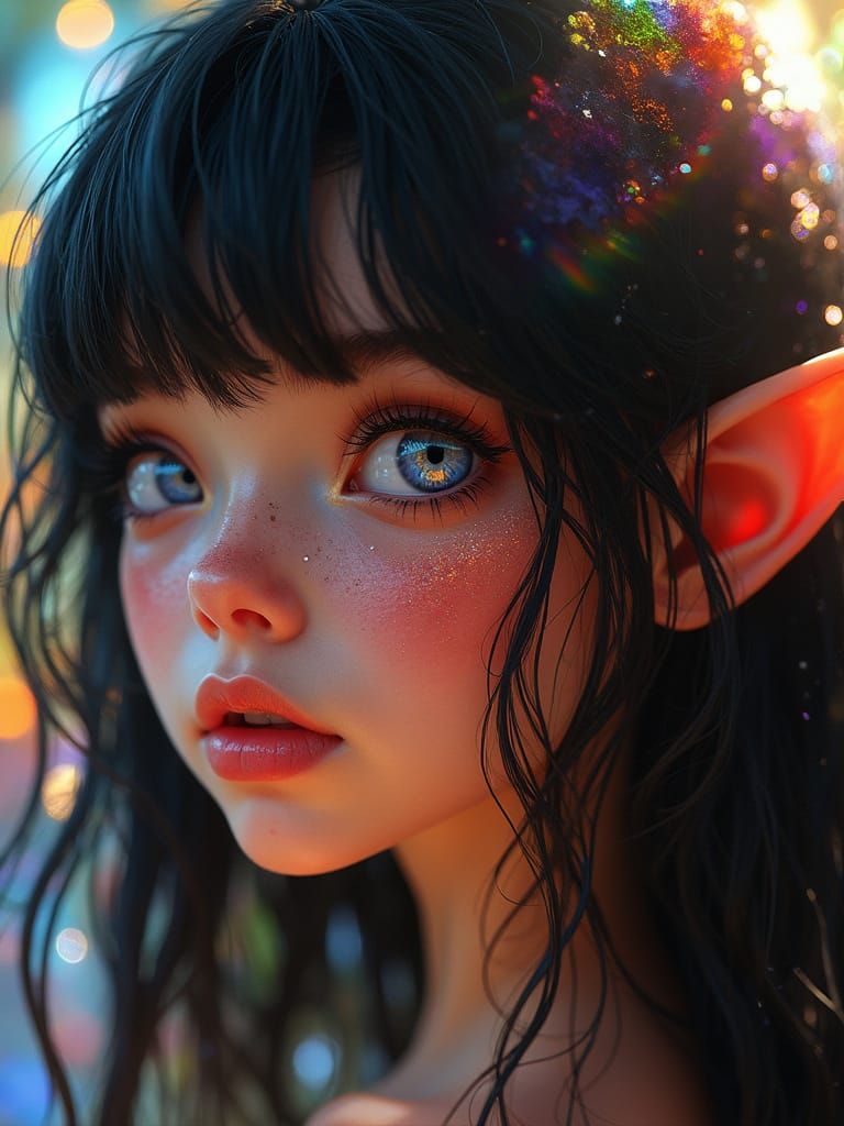 Stained Glass Elf Portrait in Multicolored Light