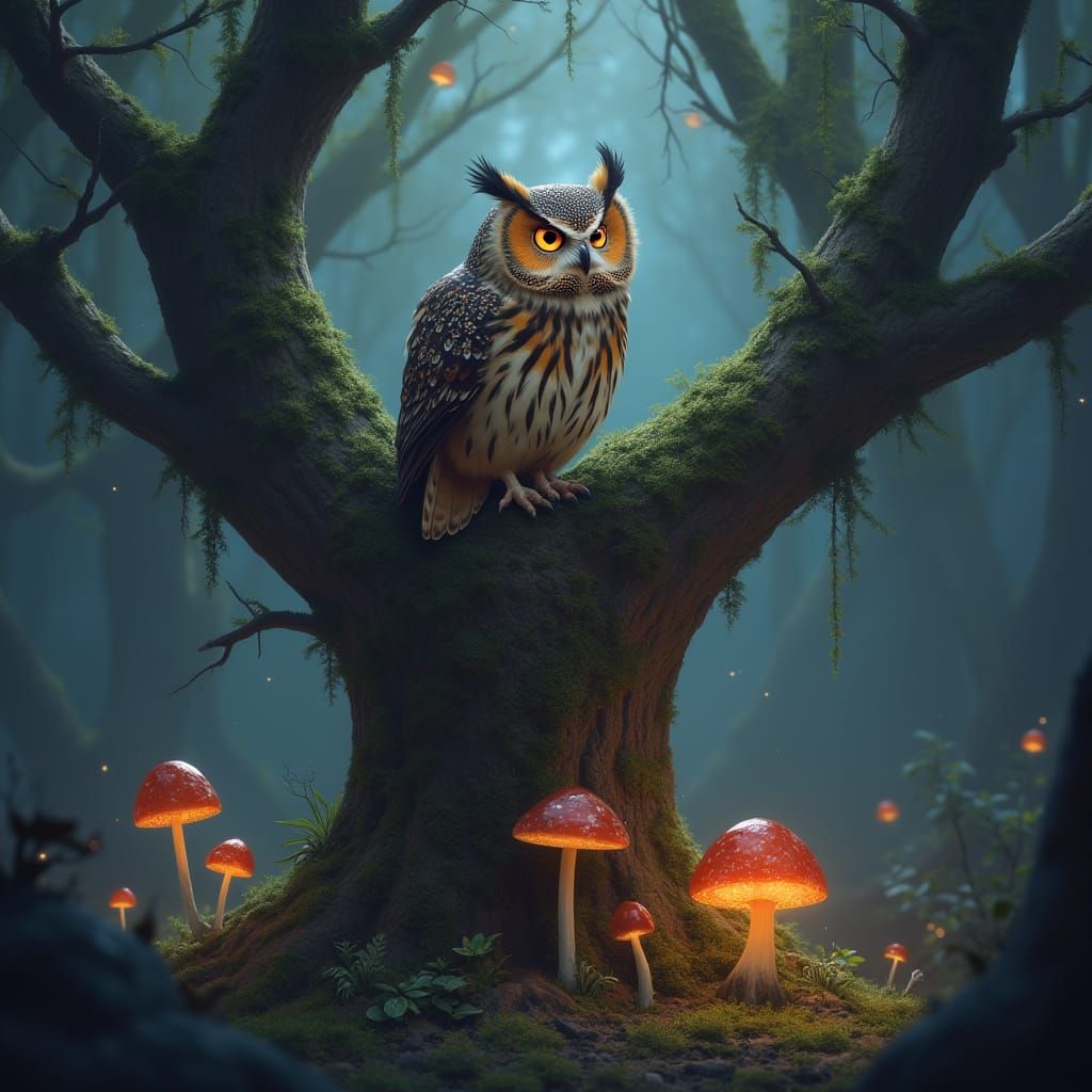 Wise Owl on Ancient Oak in Mystical Forest