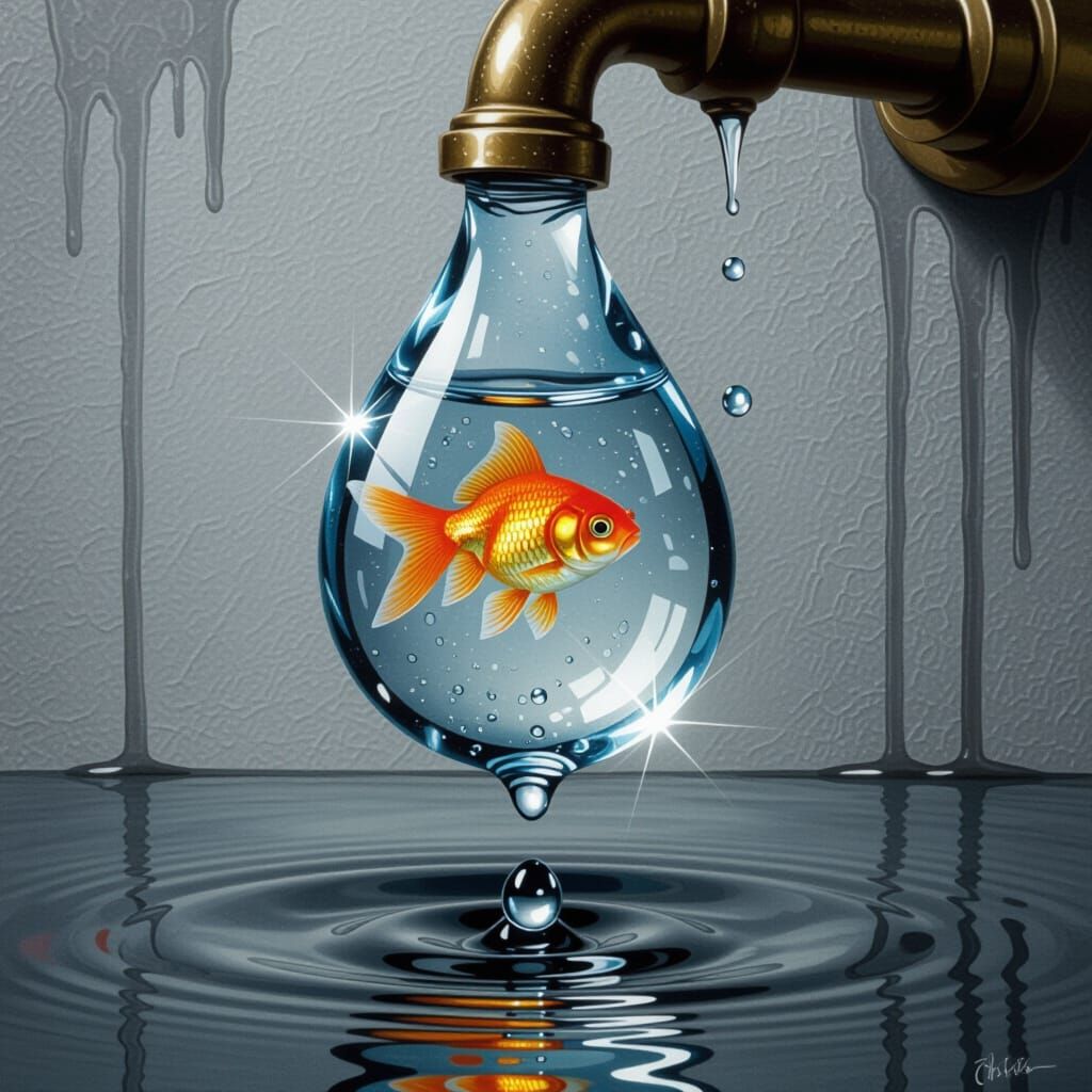Goldfish in Water Drop: Hyper-Realistic Digital Art